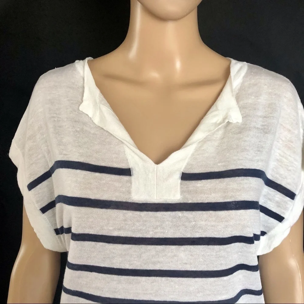 New ANN TAYLOR Striped Linen-Blend Top White Blue